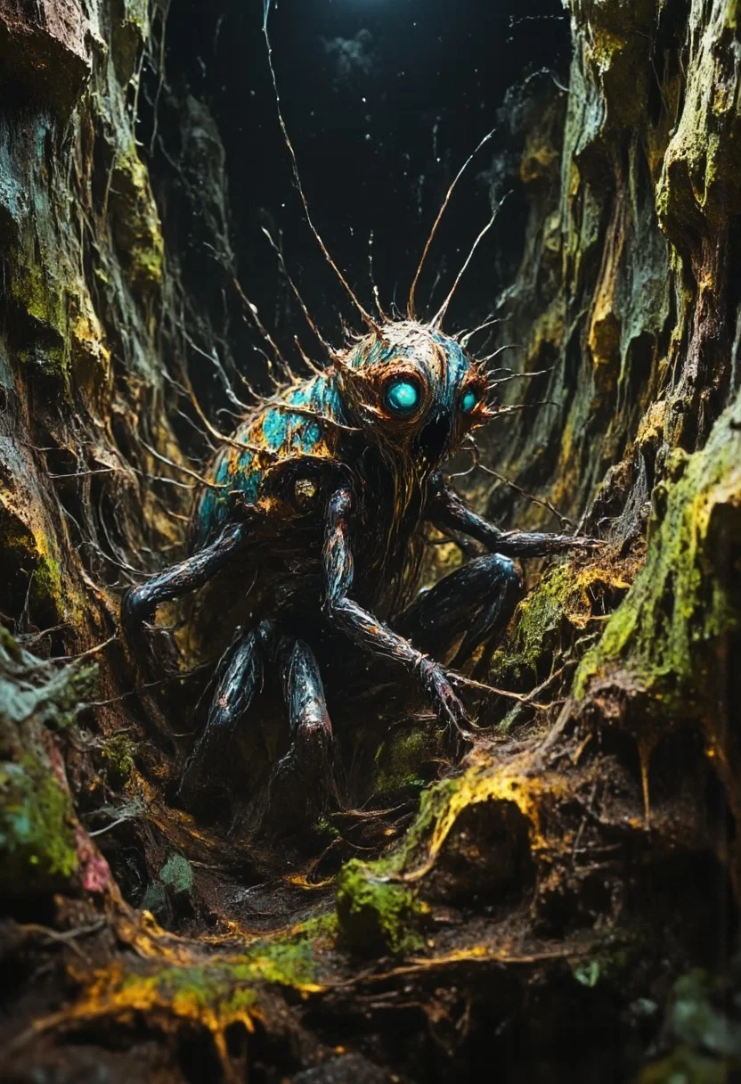 Envision a bizarre and whimsical monster, an uncanny blend of a cat and a praying mantis. Its body combines the sleek, agile form of a cat with the segmented, chitinous texture of a mantis, featuring six limbs. The two front limbs assume the typical praying posture of a mantis. Adorned with bioluminescent spots that cast an eerie glow, it presents an enchanting yet unsettling appearance. It possesses sleek, cat-like limbs that enable unexpectedly agile movements and large, luminous eyes filled with curiosity. This extraordinary creature roams an environment filled with dense, lush foliage, where tall grasses and wildflowers sway gently in the breeze. The vibrant greens and rich earth tones of this habitat provide both camouflage and a stage for this creature’s intriguing displays, embodying the strange beauty of undiscovered biodiversity with its intriguingly alien appearance.