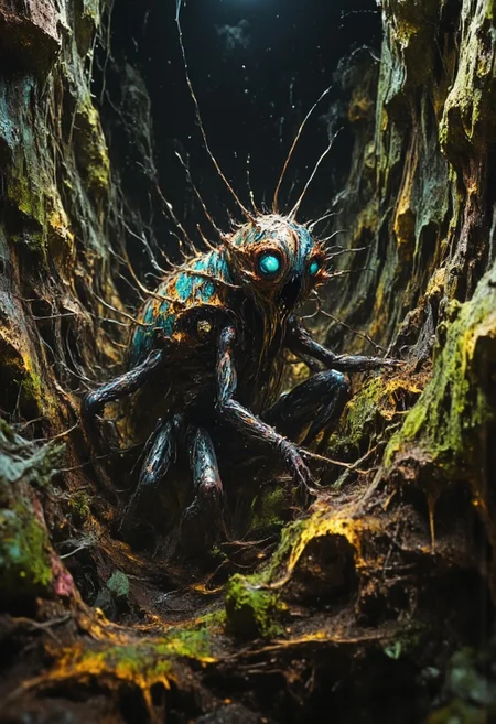 Envision a bizarre and whimsical monster, an uncanny blend of a cat and a praying mantis. Its body combines the sleek, agile form of a cat with the segmented, chitinous texture of a mantis, featuring six limbs. The two front limbs assume the typical praying posture of a mantis. Adorned with bioluminescent spots that cast an eerie glow, it presents an enchanting yet unsettling appearance. It possesses sleek, cat-like limbs that enable unexpectedly agile movements and large, luminous eyes filled with curiosity. This extraordinary creature roams an environment filled with dense, lush foliage, where tall grasses and wildflowers sway gently in the breeze. The vibrant greens and rich earth tones of this habitat provide both camouflage and a stage for this creature’s intriguing displays, embodying the strange beauty of undiscovered biodiversity with its intriguingly alien appearance.