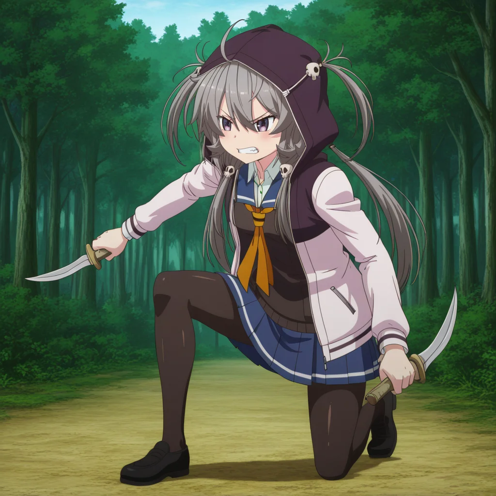 Kofuki Shichinosato, toji no miko ova style, 1girl, solo, grey hair, long hair, bangs, hair between eyes, ahoge, sidelocks, two side up, low twintails, skull hair ornament, purple eyes, small breasts, hood on head, open black hoodie, blue sailor collar, white jacket, collared shirt, orange neckerchief, blue skirt, black pantyhose, black shoes, holding daggers, dual wielding, on one knee, standing on one leg, fighting stance, angry, clenched teeth
BREAK
outdoors, forest
BREAK
anime screencap, anime coloring, anime colored background, detailed background, detailed face, shiny skin, shiny hair, absurdes, highres, dynamic pose, masterpiece, best quality, official art, cel shaded, graphic illustration, digital painting, CGI, very detailed, amazing quality, intricate details, dynamic pose, HDR, UHD, 8K, Fineline illustration, Highly detailed, ultra-fine painting, sharp focus, Professional, Vivid Colors <lora:add-detail-xl:1> <lora:DetailedEyes_V3:1> <lora:Toji_no_miko_character_pack_Illustrious:1>
