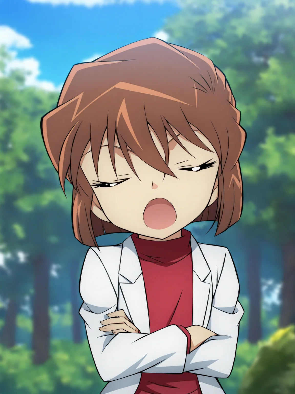 masterpiece, best quality, amazing quality, very aesthetic, absurdres,score_9, score_8_up,sharp focus,, , highres, , depth of field, outdoors, forest, blue sky, , aiIllustrious, 1girl, solo, short hair, open mouth, brown hair, long sleeves, closed eyes, upper body, crossed arms, red shirt, white jacket, labcoat, bangs, bob cut, hair between eyes, <lora:aiIllustrious:1>