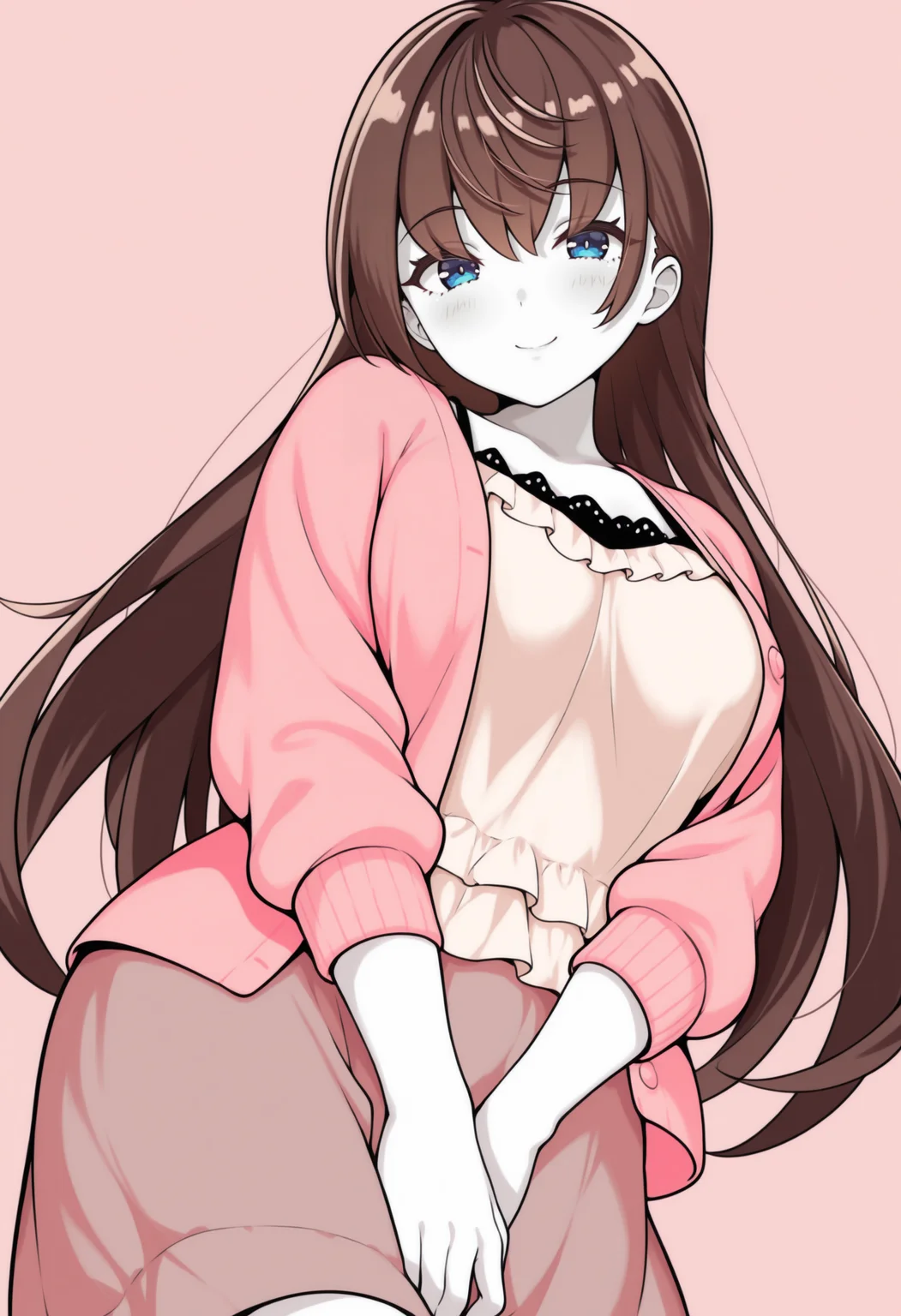 masterpiece, best quality, solo, 1girl, smile, looking at viewer,  <lora:Mio-illus:1>, mio, brown hair, blue eyes, long hair, pink cardigan, camisole, skirt, monochrome, limited palette,