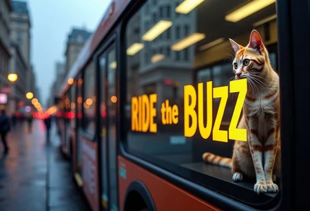 low angle full shot of ads on a bus. ads written "RIDE the BUZZ" in yellow colors, with picture of a cat. ads displayed on the side surface of the bus. background scene captures the enchanting atmosphere of street in metropolis city. beautiful aesthetic, romantic, photorealism photograph, (soft lighting, side lighting, reflected light), ((professional)), ((masterpiece)), ((best quality)), ((ultra-detailed)), ((realistic)), professional, (((sfw))).