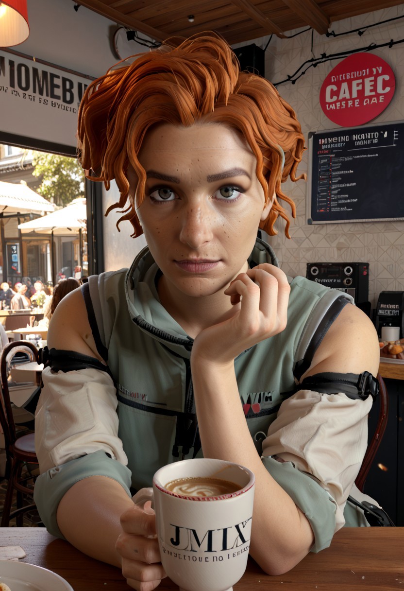 score_9, score_8_up, score_7_up horizon from apex legends freckles in a cafe eyes on viewer