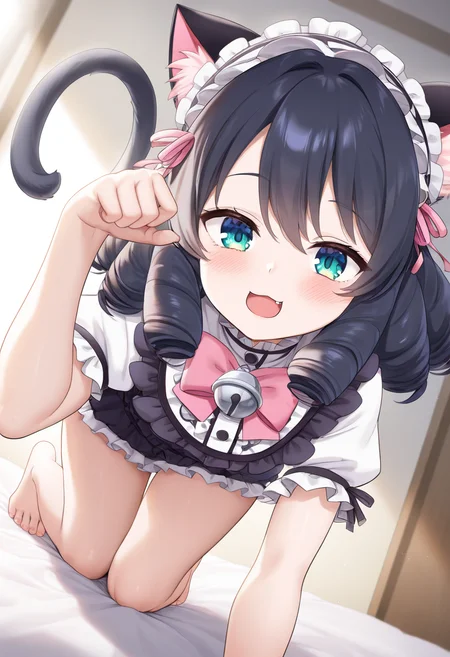 1girl,solo,cyan_(show_by_rock!!),<lora:cyanil:0.9>,green eyes,blue eyes,curly hair,black hair,fang,cat ears,cat tail,headdress,dress,short_sleeves,white sleeves,jingle bell,gothic,pink bow,white frills,smile,looking_at_viewer,cowboy_shot,dynamic_angle,indoor,bedroom,all_fours,barefoot,masterpiece,best quality,good quality,newest,incredibly absurdres,cat_pose,