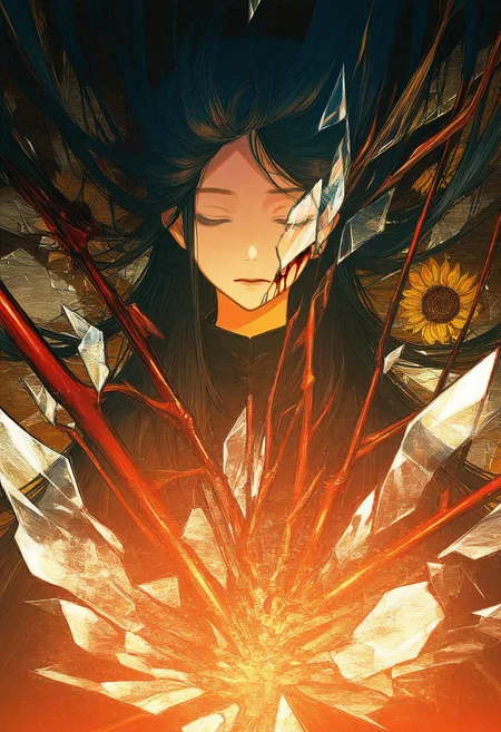 masterpiece, best quality, 1girl, upper body, facing viewer, abstract, (glass:1.1), (charged:1.1), (bleeding wound:1.25), black theme, glowing, closed eyes, broken glass, flower, impaled, black blood, black hair, long hair, <lora:ChamIllustriousBackgroundEnhancer:1>