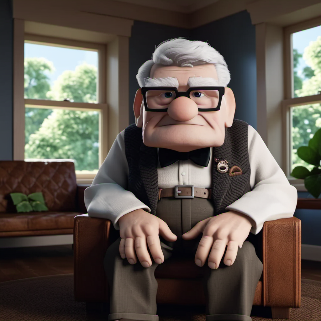 CarlFredricksen1024, an old man sitting in a living room, detailed eyes, highly detailed , photography, ultra sharp, film, bokeh, professional, 4k  <lora:add-detail-xl:1.5>  <lora:CarlFredricksen1024:0.8>