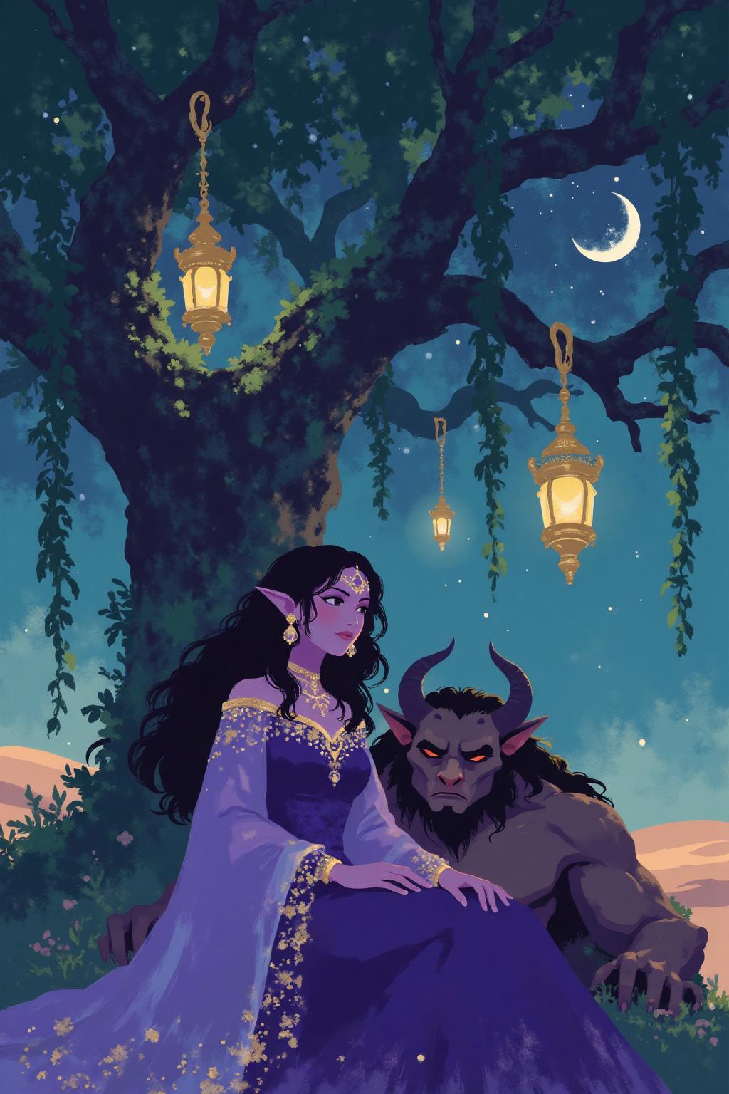 i11ustmin Illustration of a scene from Arabian Nights, rendered in intricate, colorful detail. A beautiful woman and a sleeping demon. The woman sits gracefully under a sprawling tree with lush, curving branches and hanging vines. She has striking, almond-shaped eyes, dark flowing hair, and wears elegant traditional attire with ornate jewelry that glimmers softly under the moonlight. Her expression is calm and serene as she gazes thoughtfully into the distance. Resting his head gently on her lap is a large demon with a powerful, otherworldly presence. The demon, though fearsome in size, appears vulnerable as he lies beside her. His skin has a muted, earthy tone, and his features--sharp and beastly--are softened by a look of weary contentment. His claws are retracted, and he exudes a mixture of strength and peace in her presence. The tree's twisted branches arc above them, framing the scene like a natural canopy. Golden lamps hang from the tree, casting warm, soft light, illuminating the two figures in a magical glow. The background is a deep, starry night, with hints of distant desert dunes and a crescent moon overhead, creating an enchanting and mystical ambiance that draws the viewer into this world of fantasy and myth. <lora:minimalist_flat_illustration_nbm:1.0><lora:797681461302978710:0>