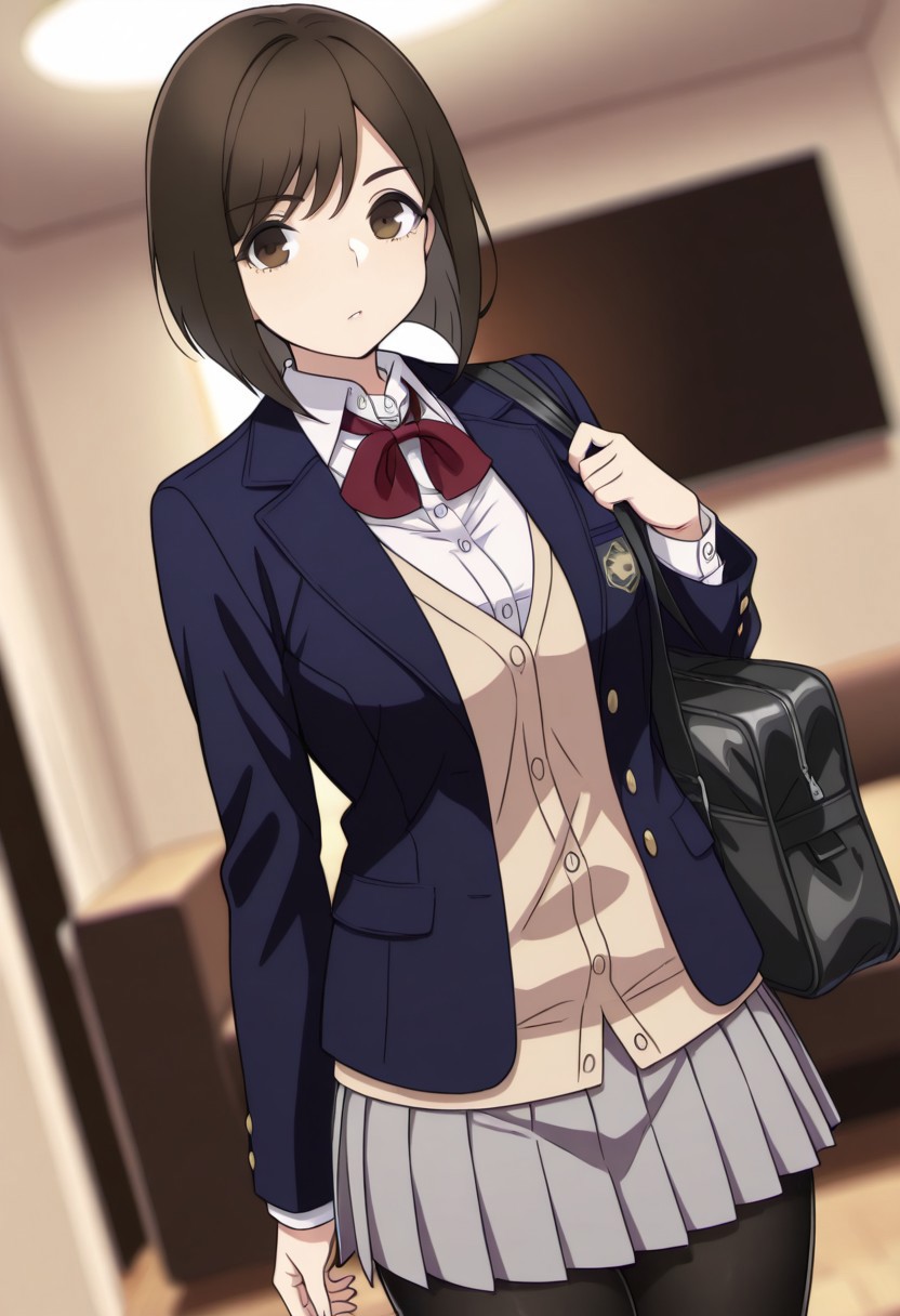 incredibly absurdres,masterpiece,absurdres,high quality,volumetric light,(very aesthetic),1girl,brown hair, brown eyes,short hair, solo,school uniform, brown eyes, looking at viewer, jacket, blazer, bag, bow,shirt, white shirt, red bow,grey skirt,pantyhose,black pantyhose,skirt, pleated skirt,under light,posing,sexy,indoors,living room,blurry, blurry background,cowboy shot, dutch angle