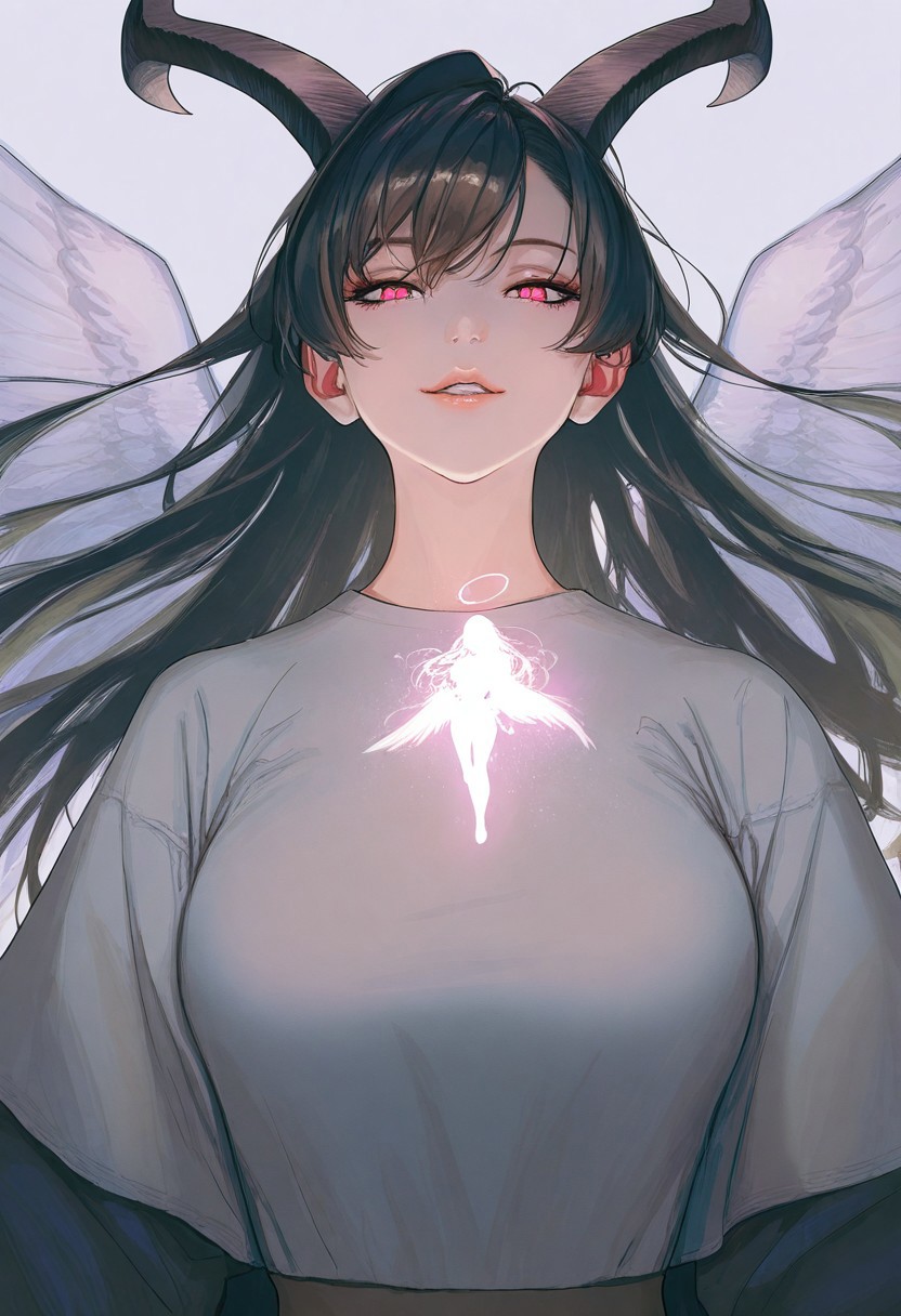 safe_pos, realistic, Sortilege_ST, masterpiece, best quality, very aesthetic, high resolution, ultra-detailed, absurdres, newest, 1girl, masterpiece, upper body, perfect eyes, demon girl, angel wings, angel and devil, forest of magic, fantasy, epic, good ilumination, wallpaper, perfect detailed, seductive smile, horns, aura, fairyland, caste background, dragon in air, fairys flying,  
