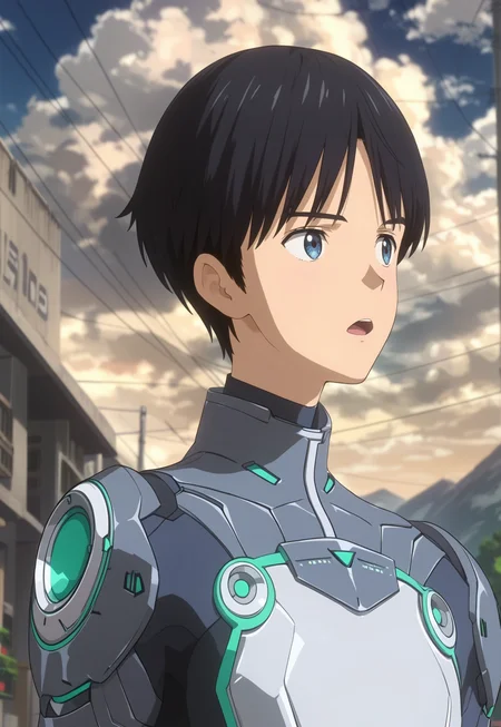 score_9,score_8_up,score_7_up,score_6_up,source_anime,masterpiece,best quality,high-detailed,Ray Tracing,<lora:KOJIMA:1>,1boy,Daisuke DojimaB,blurry ground,blurry,blue eyes,male focus,solo,black hair,cloud,sky,anime coloring,open mouth,cloudy sky,upper body,pilot suit,mountain,outdoors,looking to the side,