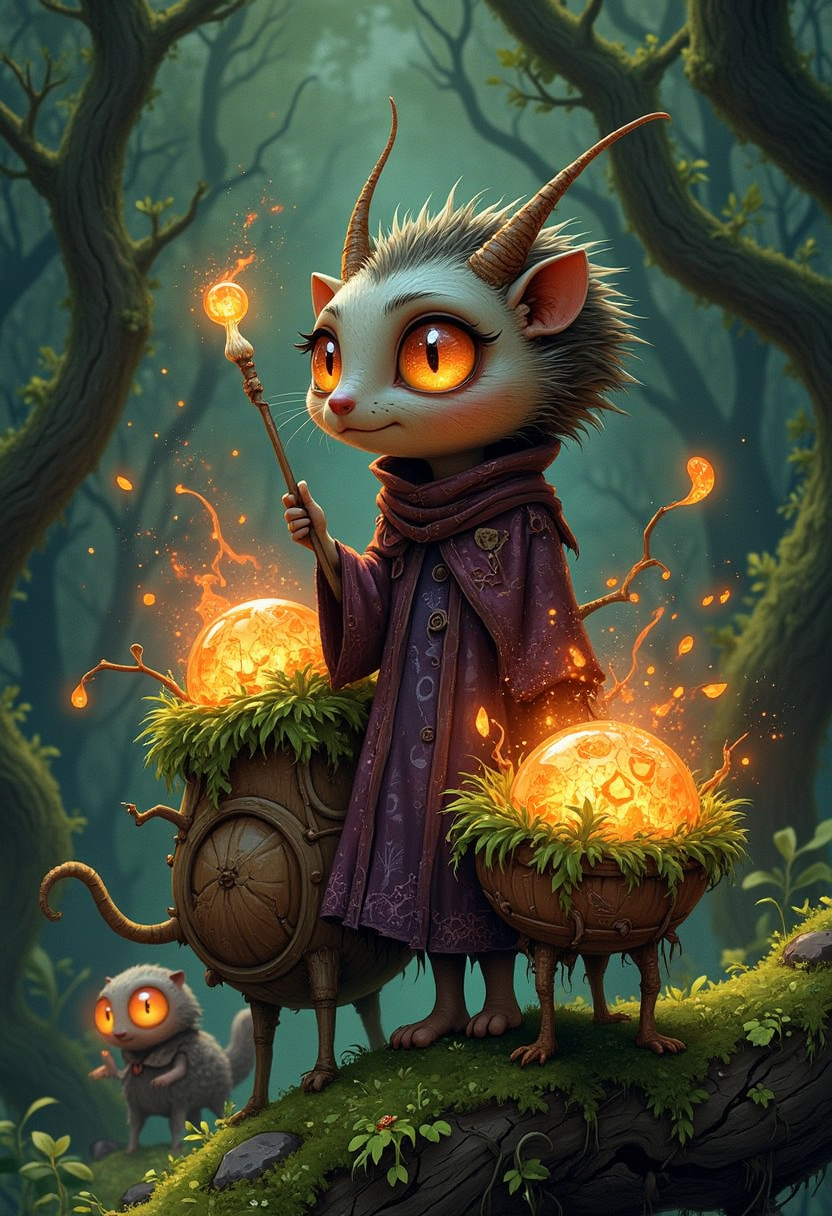 CreeepyCuteMagic A caravan of walking teacup-snail hybrids pulling tiny moss-covered wagons filled with glowing dream fragments; a curious hedgehog wizard with galaxy eyes leads them with a wand carved from moon-bone; rich forest greens, soft oranges and purples, like a magical nature documentary directed by Guillermo del Toro.