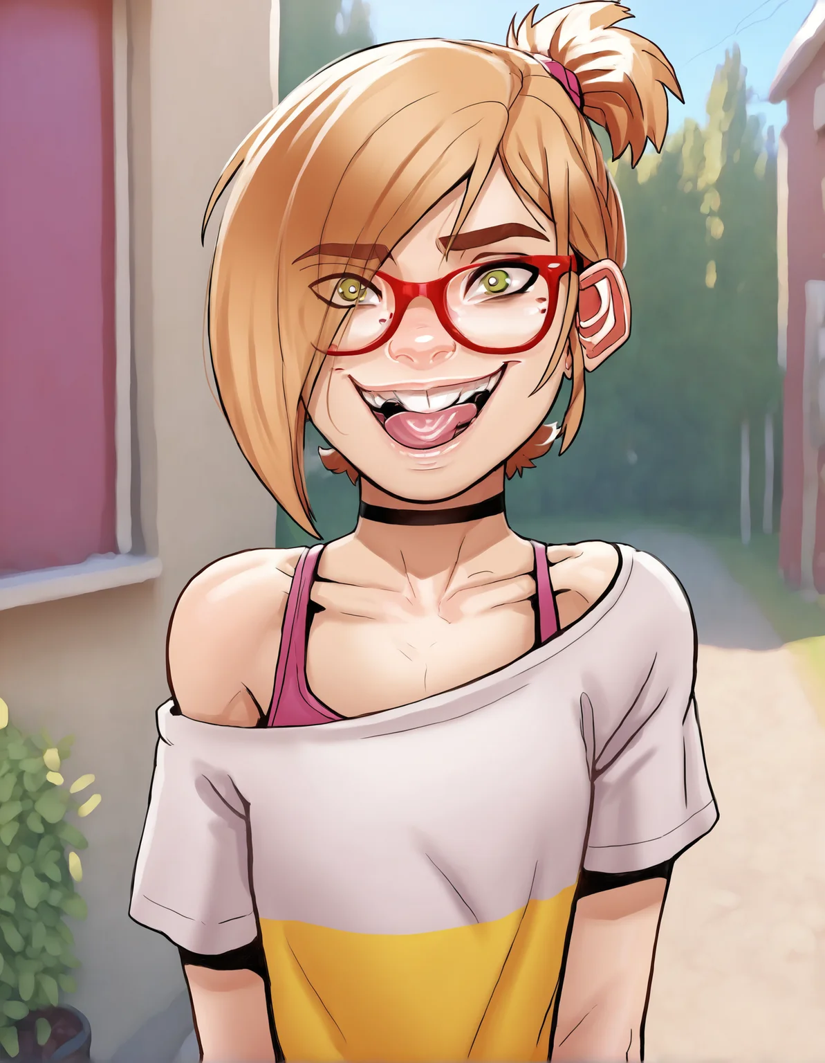 Darcy, 1girl, solo, tongue, red-framed eyewear, glasses, choker, tongue out, hair over one eye, blonde hair, looking at viewer, teeth, black choker, smile, short hair, bra strap, open mouth, green eyes, collarbone, off-shoulder shirt, shirt, scrunchie, , outdoors, looking at viewer, cowboy shot, score_9, score_8_up, score_7_up, score_6_up, score_5_up, score_4_up,<lora:Darcy2.0Pony (1):1>