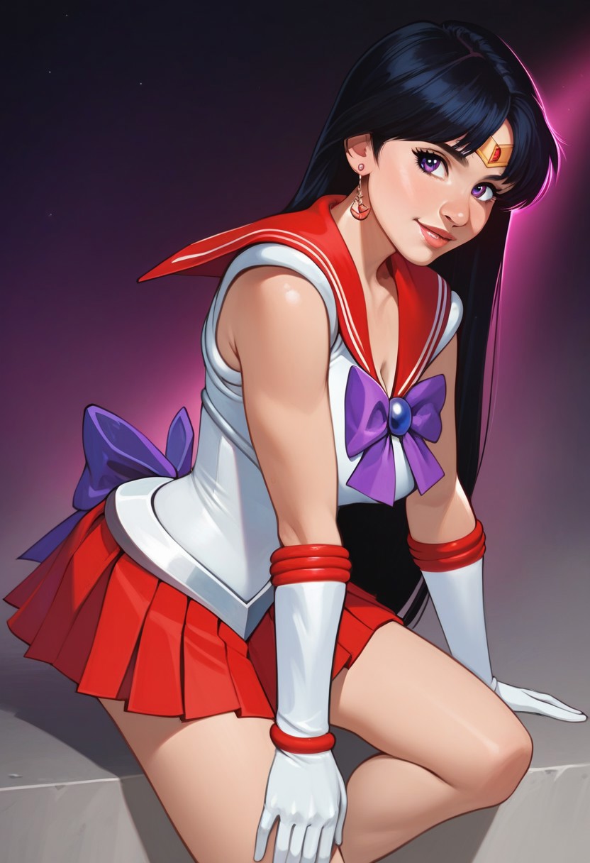 masterpiece, best quality, absurdres, highres, 
score_9, score_8_up, score_7_up, score_6_up,  best quality, masterpiece, 4k, dynamic lighting,
rei hino, hino rei, black hair, diadem, long hair, purple eyes, parted bangs, retro artstyle, mature female, medium breasts, gloves, magical girl, microskirt, pleated skirt, red skirt, sailor senshi uniform, skirt, white gloves, bow, purple bow, sailor collar, red sailor collar, sailor mars, sleeveless,