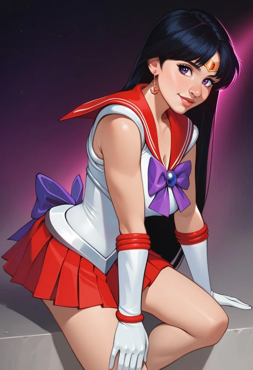 masterpiece, best quality, absurdres, highres,
score_9, score_8_up, score_7_up, score_6_up, best quality, masterpiece, 4k, dynamic lighting,
rei hino, hino rei, black hair, diadem, long hair, purple eyes, parted bangs, retro artstyle, mature female, medium breasts, gloves, magical girl, microskirt, pleated skirt, red skirt, sailor senshi uniform, skirt, white gloves, bow, purple bow, sailor collar, red sailor collar, sailor mars, sleeveless,