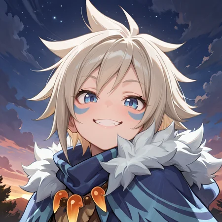 masterpiece, very aesthetic, absurdres, best quality, amazing quality, high resolution, <lora:illustrious_quality_modifiers_masterpieces_v1:0.8> , <lora:ChamIllustriousBackgroundEnhancer:0.5>, <lora:MilanorIL:0.8> , miladef, 1boy, grey hair, spiked hair, blue eyes, blue facial mark, fur trim, blue cloak, orange tooth necklace, exterior, night, clouds, facing left, smile, looking at viewer, 4k, face, portrait, smug, smile, close-up