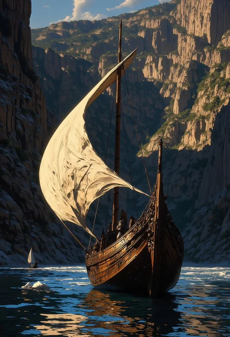 « The pilot pensively hoisted the sail; the wind carried him down the river and around a bend. »