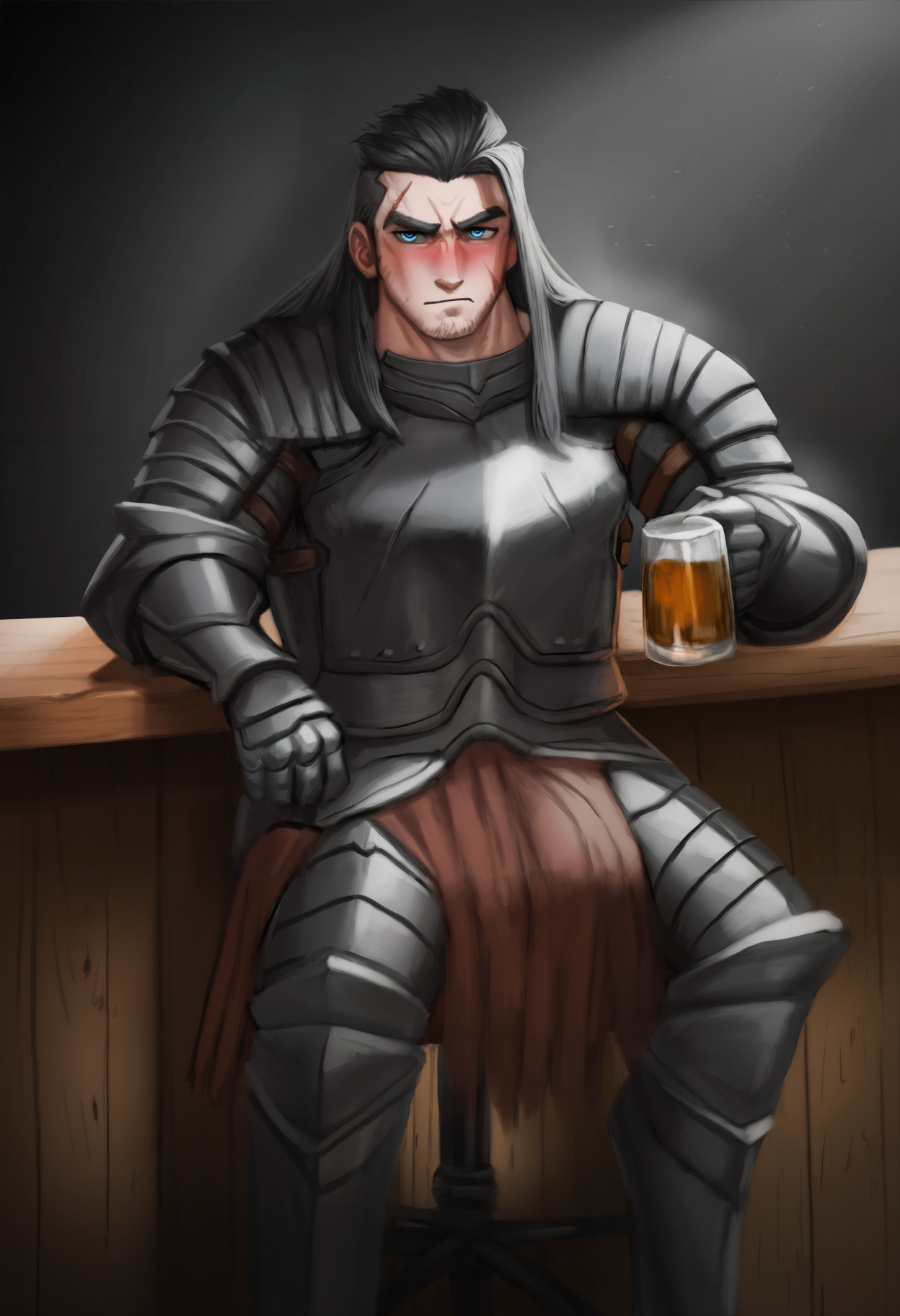 masterpiece, best quality, newest, absurdres, highres, sitting, bar \(place\), bar stool, holding cup, elite nappa, 1boy, solo, dsbit, dsbit, black hair, long hair, blue eyes, blush, scar, unworn helmet, black armor, black breastplate, black Pauldrons, black Cuirass, black Gauntlets, tunic under armor,     
<lora:Black_Iron_Tarkus_Illustrious-000009:1>