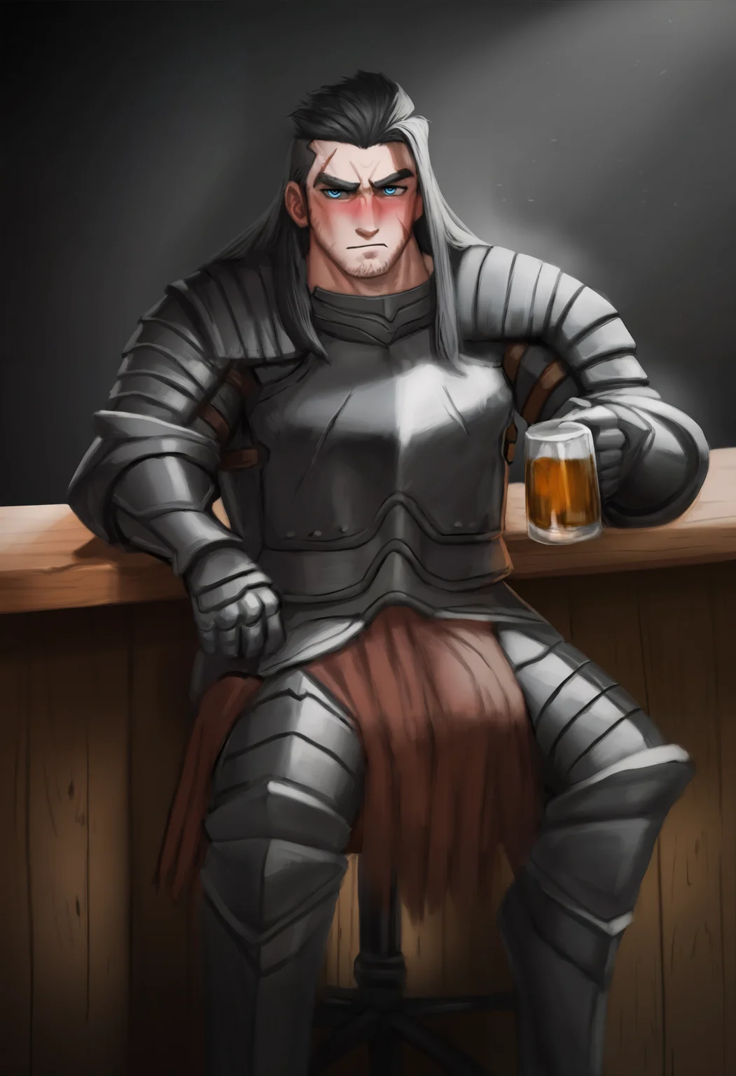 masterpiece, best quality, newest, absurdres, highres, sitting, bar \(place\), bar stool, holding cup, elite nappa, 1boy, solo, dsbit, dsbit, black hair, long hair, blue eyes, blush, scar, unworn helmet, black armor, black breastplate, black Pauldrons, black Cuirass, black Gauntlets, tunic under armor,     
<lora:Black_Iron_Tarkus_Illustrious-000009:1>