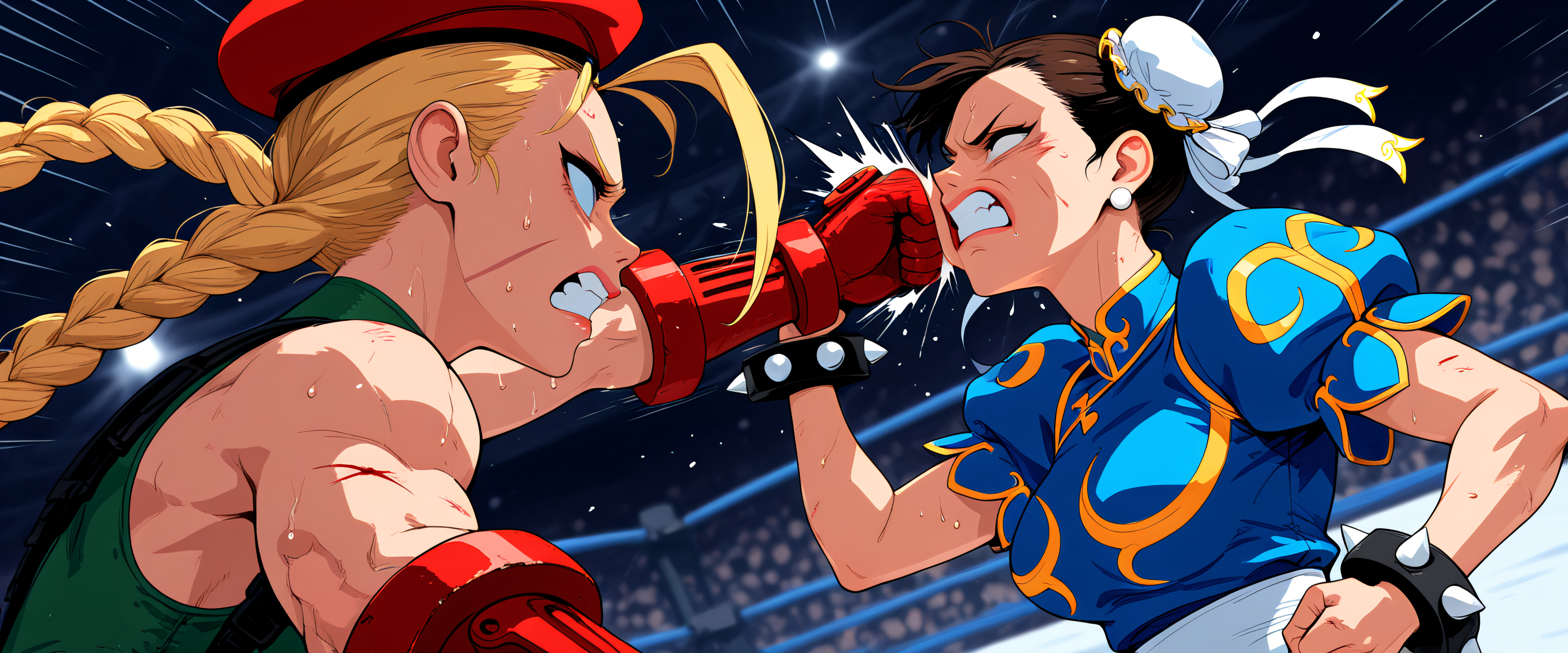 masterpiece, best quality, absurdres, highres, very awa, 2girls, cammy white, chun-li, fighting ring, sweat, punching, dutch angle, action scene, face punch, speed lines, frown eyebrows, injury, clenched teeth, dazed, pain, emphasis lines, clenched hands, from side, gloves, open mouth, knock out, braid,