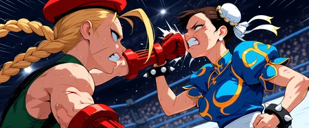 masterpiece, best quality, absurdres, highres, very awa, 2girls, cammy white, chun-li, fighting ring, sweat, punching, dutch angle, action scene, face punch, speed lines, frown eyebrows, injury, clenched teeth, dazed, pain, emphasis lines, clenched hands, from side, gloves, open mouth, knock out, braid,