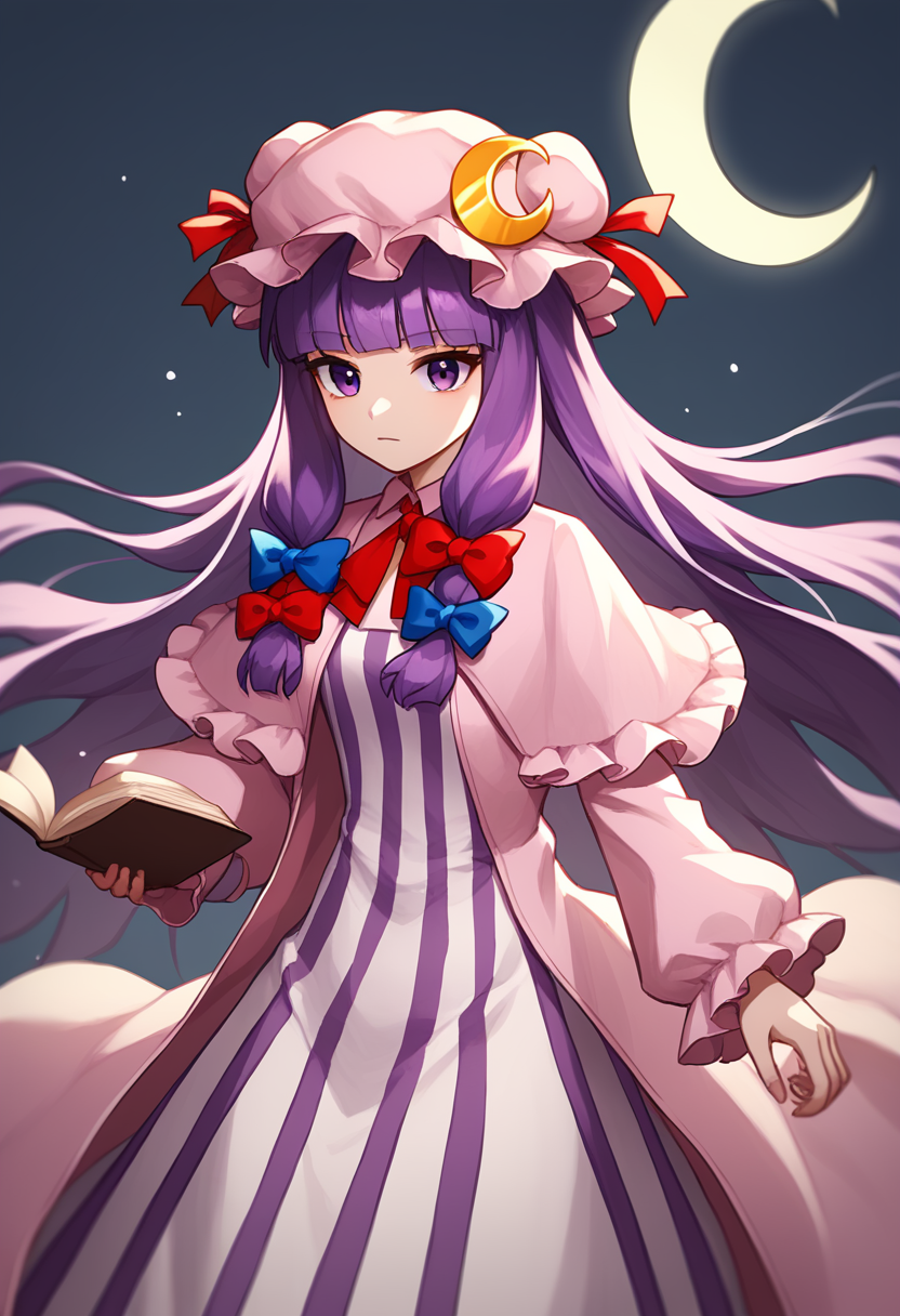 score_9,score_8_up,score_7_up,<lora:Touhou_pony:1>,1girl, patchouli_knowledge, touhou, mob_cap, crescent_hat_ornament, hair_bow, blue_bow, red_bow, long_sleeves, vertical-striped_clothes, vertical-striped_dress, holding_book, red_ribbon