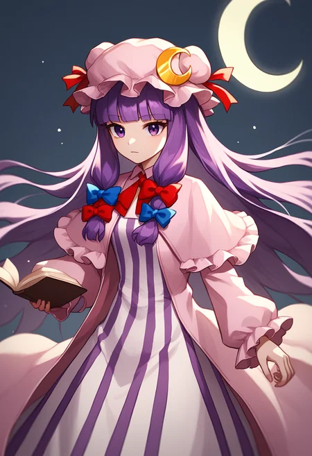 score_9,score_8_up,score_7_up,<lora:Touhou_pony:1>,1girl, patchouli_knowledge, touhou, mob_cap, crescent_hat_ornament, hair_bow, blue_bow, red_bow, long_sleeves, vertical-striped_clothes, vertical-striped_dress, holding_book, red_ribbon