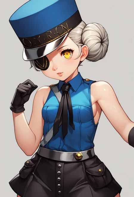score_9, score_8_up, score_7_up, , shiny skin:0.1, source_anime, , deep skin,, high quality, highres, , 1girl, (curvy), ((wide hips)),, thick thighs, cute, , sexy, small breasts, CarolineP5, caroline (persona 5), yellow eyes, gloves, hat, hair bun, short hair, eyepatch, black gloves, necktie, sleeveless, sideboob, blue headwear, shirt, blue shirt, wing collar, grey hair, black skirT, short skirt,