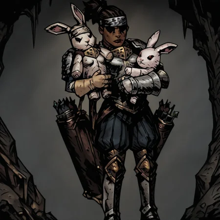masterpiece, best quality, newest, absurdres, highres, TTCSV1.0, DDstyle, official style,
black eyes, shaded eyes, solo, solo focus,
1girl, DD-Arba-V1.0, dark-skinned female, dark skin, dredlocks, armor, breastplate, armor, headband, greaves, quiver, ponytail, pauldrons
holding mascot, mascot, rabbit, stuffed toy, stuffed animal, stuffed rabbit, hugg, hugging, hugging mascot, hugging rabbit,
