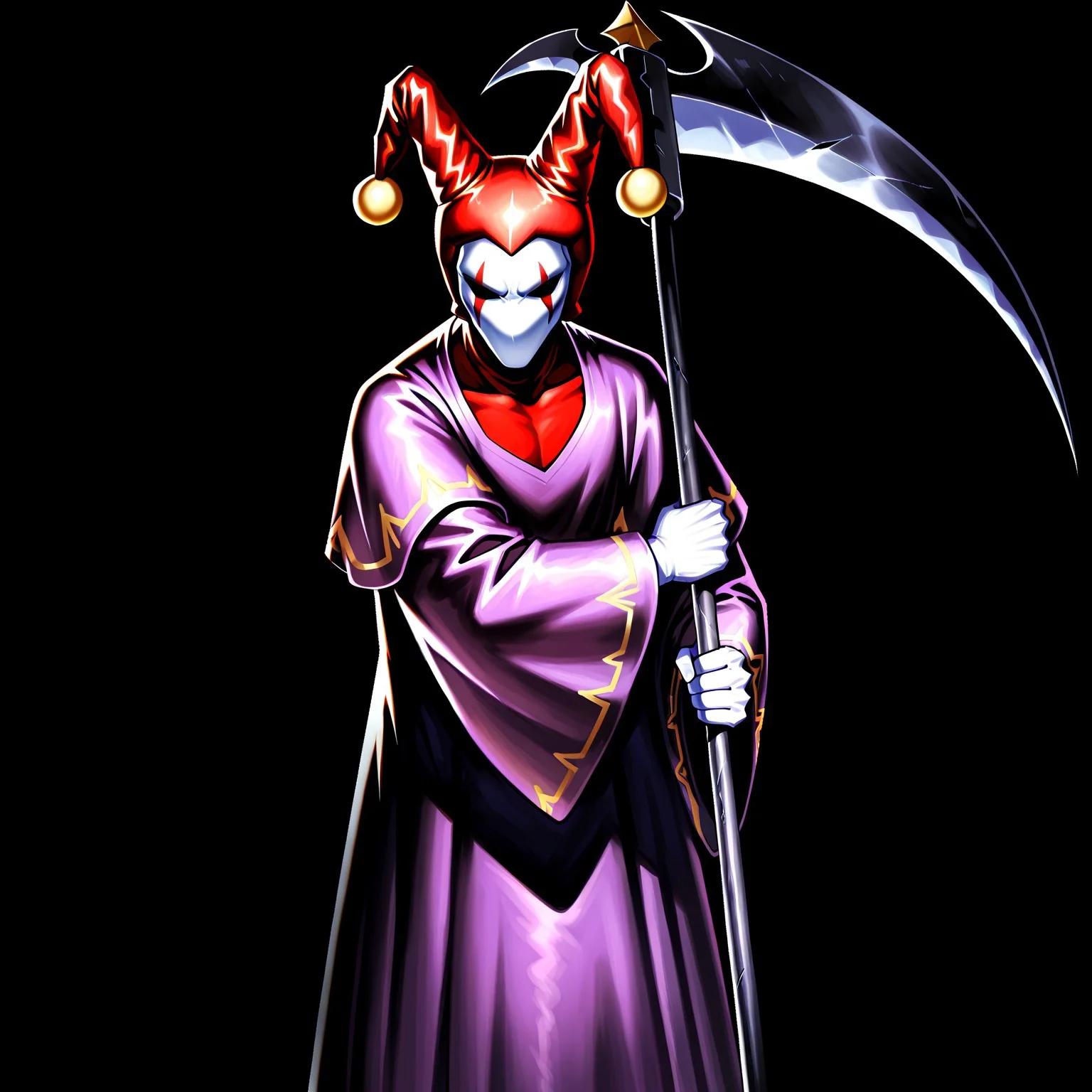 score_9,score_8,score_7,source_furry, (masterpiece, best quality, high quality:1.2), detailed hands,character focus, detailed skins, body blush, cinematic shadow, character focus, ultra detailed background, <solo:1.5>, <1boy:1.5>, (anime:3.5), (official:3.5), (dynamic standing:1.8),
chariotsaga, 1boy, solo, male focus,black background, simple background, jester, red headwear, looking at viewer, white skin, jester cap, pom pom (clothes), faceless mask, facepaint, hat, robe, purple robe, long sleeves, wide sleeves, holding, scythe, weapon, holding scythe, holding weapon,