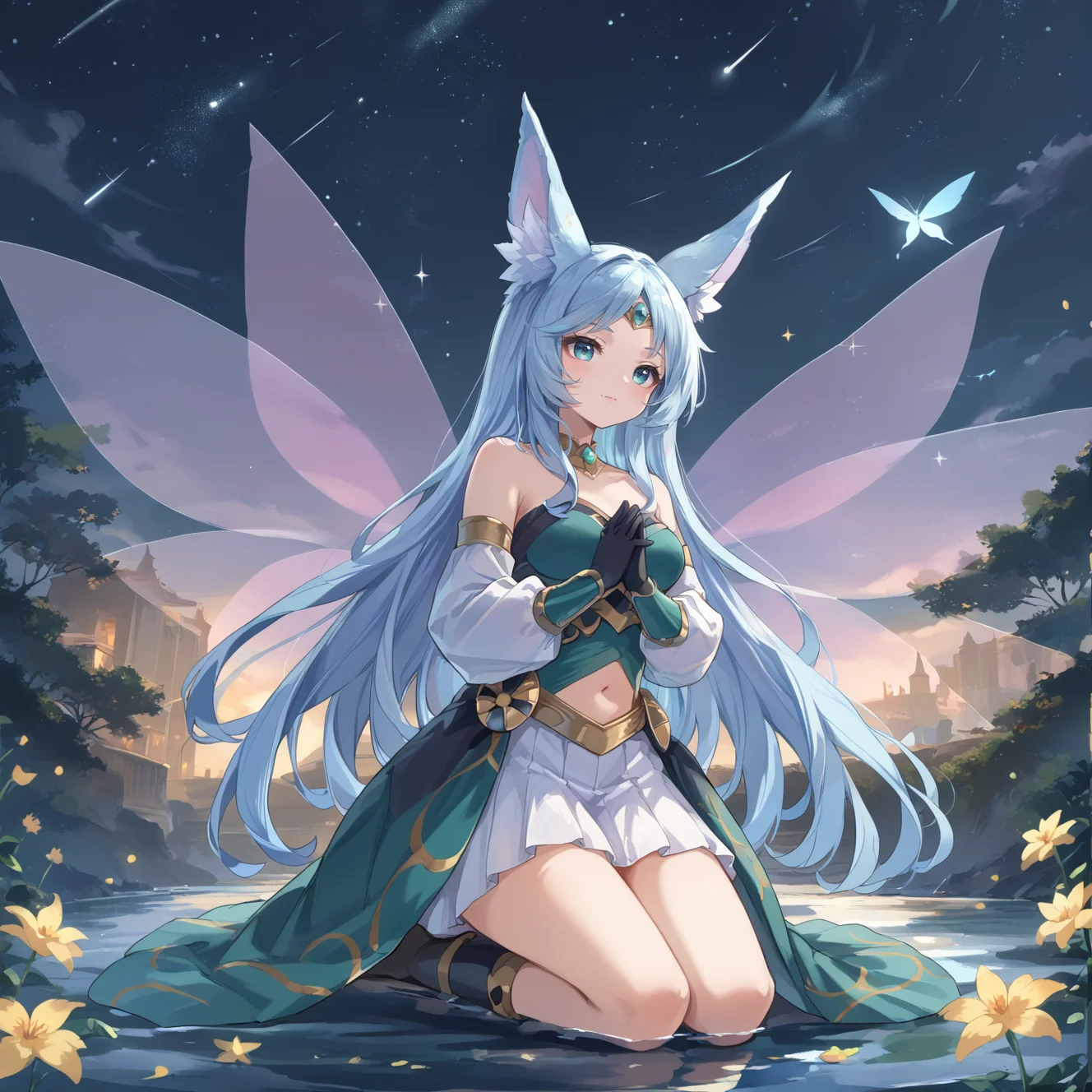 (score_9:0.9),score_8_up,score_7_up,rating_safe,anime style,(zPDXL),<lora:Apollousa, Bow of the Goddess ponyXL v1:0.7>,apollousa bow of the goddess,1girl,solo,fairy wings,kneeling,outdoors,star,(sky),black elbow gloves,forehead jewel circlet,green dress,own hands together,