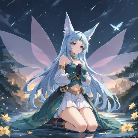 (score_9:0.9),score_8_up,score_7_up,rating_safe,anime style,(zPDXL),<lora:Apollousa, Bow of the Goddess ponyXL v1:0.7>,apollousa bow of the goddess,1girl,solo,fairy wings,kneeling,outdoors,star,(sky),black elbow gloves,forehead jewel circlet,green dress,own hands together,