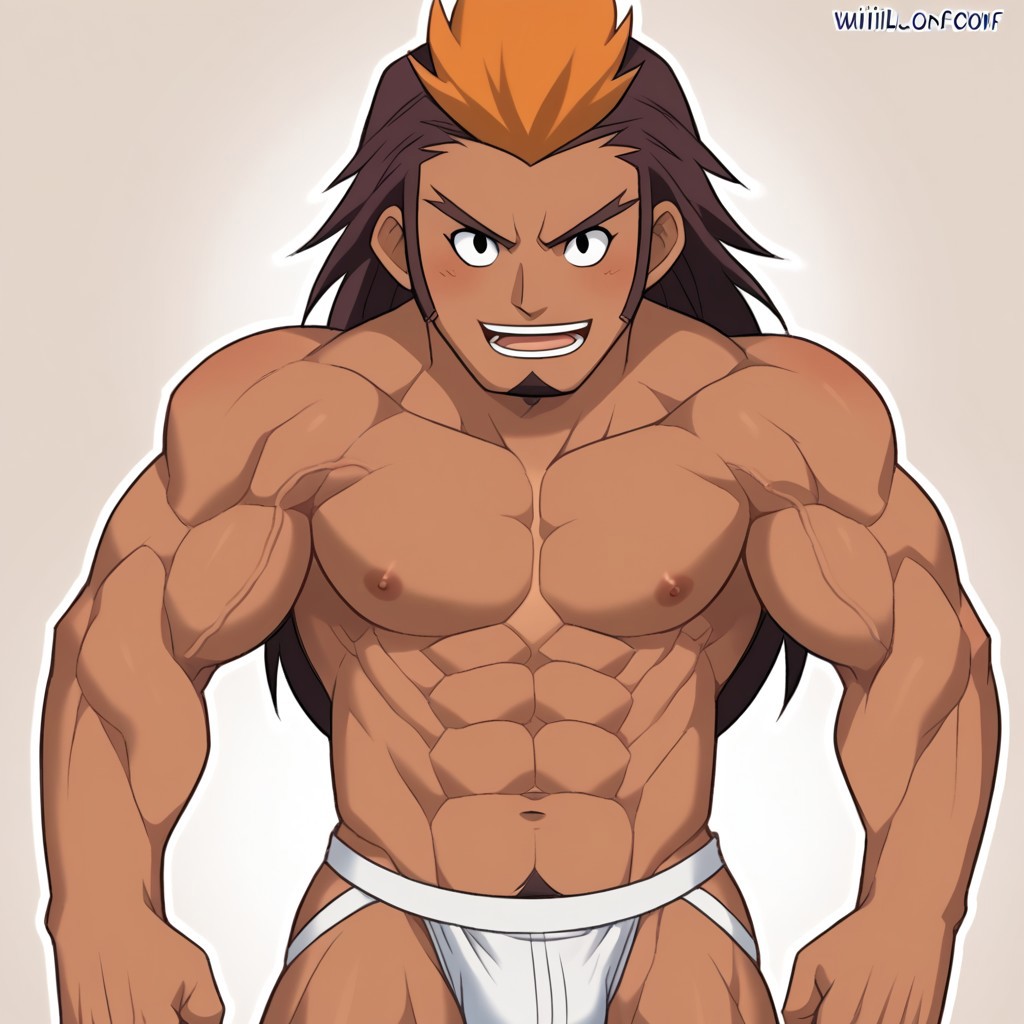 Score_9, cartoon source, toon source, high Quality,  wolfconf,  1boy, solo,  HIJIKATA RAIDEN, Brown hair, black eyes, long hair,  young, muscle body, two-tone hair, dark skin, white jockstrap, goatee.