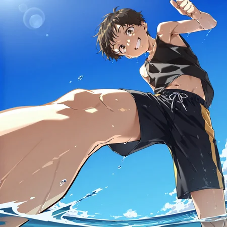 best quality, absurdres, solo, (1boy, male focus, teen:1.3), ocean, upright, standing, (from below, dynamic pose, foreshortening:1.6), smile, teeth, looking at viewer, sunny day, partially submerged, swim trunks, black tanktop, glimo