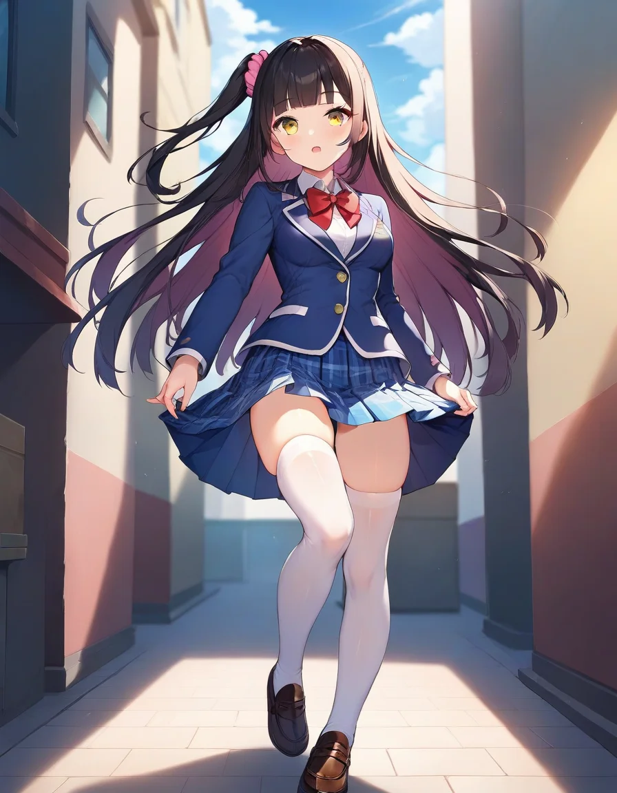 score_9,score_8_up,score_7_up,score_6_up BREAK official art,solo,outdoors,looking at viewer,facing viewer,Tomori Ayana,very long hair,black hair,one side up,hair ornament,hair scrunchie,pink scrunchie,blunt bangs,yellow eyes,school uniform,blue jacket,blazer,red bowtie,white shirt,collared shirt,long sleeves,medium breasts,skindentation,miniskirt,blue skirt,pleated skirt,plaid skirt,zettai ryouiki,white thighhighs,loafers,<lora:Smooth Anime Style LoRA XL:1.3>,<lora:Tomori Ayana(mf)-Pony-000010:0.8>,