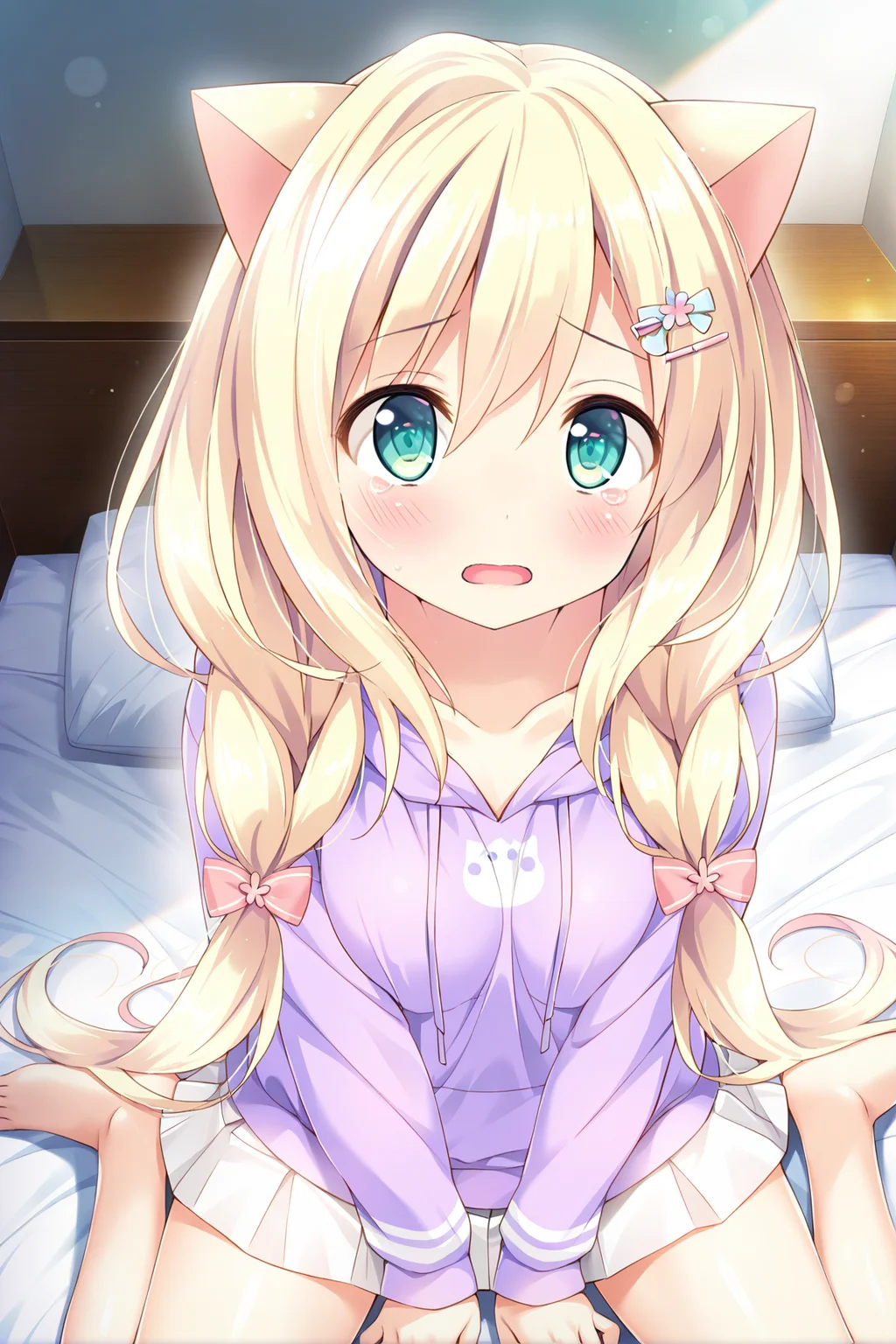 masterpiece,best quality,amazing quality,highres,scenery,newest,1girl,official style,erika,long hair,blonde hair,green eyes,aqua eyes,bangs,hair between eyes,twintails,erika nightwear,hair ornament,skirt,hood,hairclip,white skirt,hoodie,bow,hair bow,hood down,collarbone,pleated skirt,purple hoodie,drawstring,long sleeves,low twintails,hair over shoulder,pink bow,cat hair ornament,very long hair,<lora:erika:1>,bedroom,bed,wariza,animal ears,cat ears,tears,blush,open mouth,looking at viewer,from above,arm support,