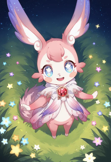 masterpiece,best quality,amazing quality,very aesthetic,high resolution,ultra-detailed,absurdres,highres,newest,
MIMI_HSR,blue eyes,solo,simple background,full body,pink fur,standing,smile,looking at viewer,star-shaped pupils,:3,white pupil,white_background,in a meadow,outdoors,from_above,looking up,upper teeth only,open mouth,<lora:MIMI_HSR_pony-000034:1>,waving