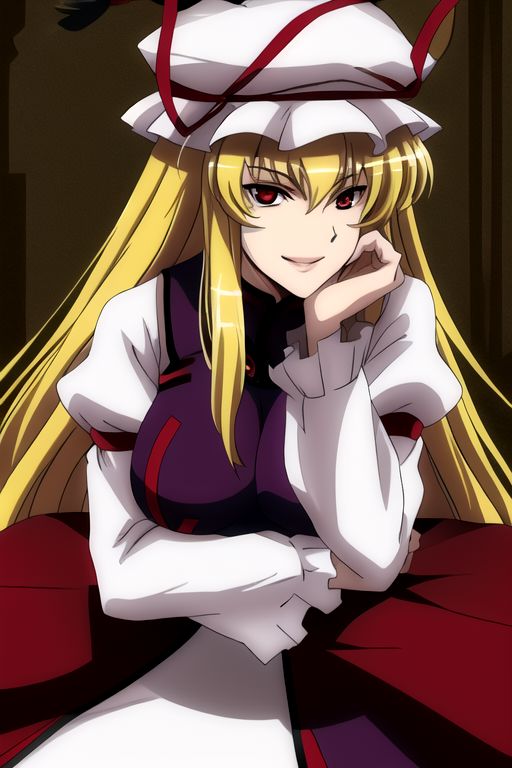yakumo yukari, 
1girl, blonde hair, breasts, dress, hat, hat ribbon, head rest, impossible clothes, large breasts, lips, long hair, long sleeves, red eyes, ribbon, sidelocks, smile, solo, tabard, white dress, 
masterpiece, best quality, very aesthetic, absurdres, pixiv, anime coloring