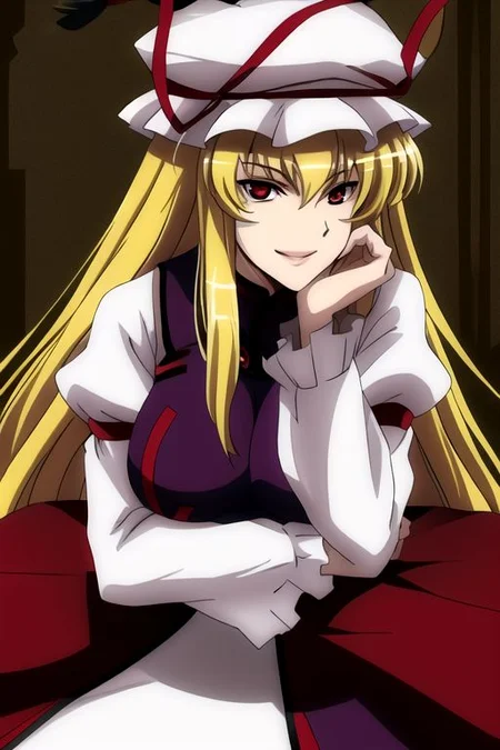 yakumo yukari, 
1girl, blonde hair, breasts, dress, hat, hat ribbon, head rest, impossible clothes, large breasts, lips, long hair, long sleeves, red eyes, ribbon, sidelocks, smile, solo, tabard, white dress, 
masterpiece, best quality, very aesthetic, absurdres, pixiv, anime coloring