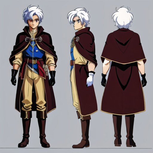 anime, 1man, man blue spike hair, short hair, red eyes, man mage, brown cloak, medieval fantasy, green boots, long gloves,   retro anime, retro style, 1980s \(style\), dungeons and dragon, dark fantasy, simples background, model sheet, character design, chara-sheet
