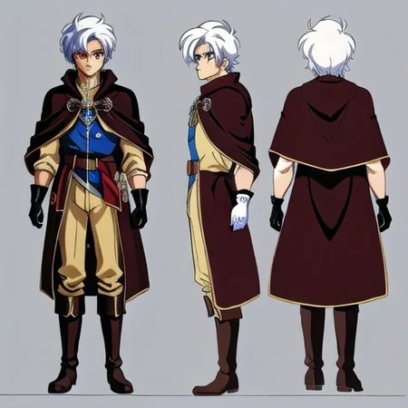 anime, 1man, man blue spike hair, short hair, red eyes, man mage, brown cloak, medieval fantasy, green boots, long gloves, retro anime, retro style, 1980s \(style\), dungeons and dragon, dark fantasy, simples background, model sheet, character design, chara-sheet