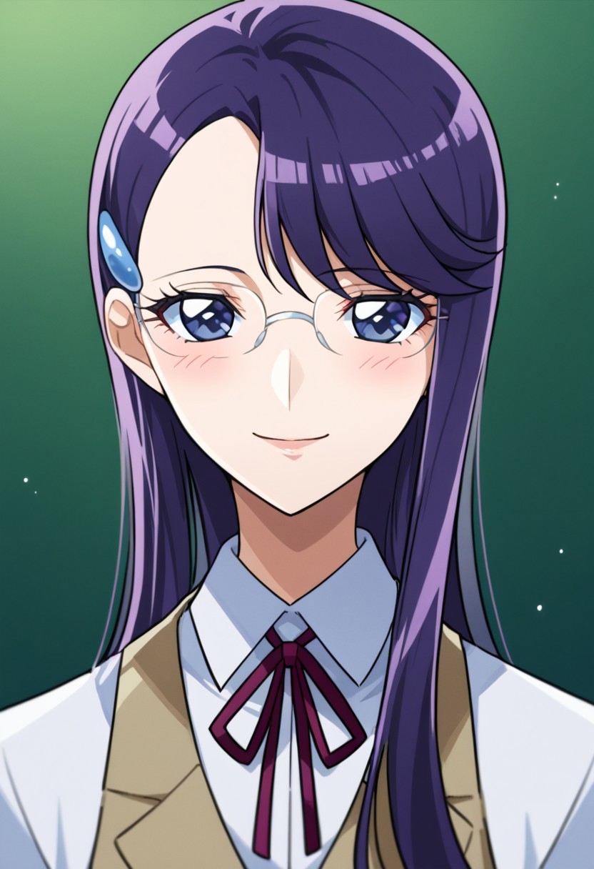 score_9, score_8, score_7, source_anime, tsukikage yuri, 1girl, 
solo, glasses, looking at viewer, hairclip, smile, eyelashes, shirt, school uniform, blush