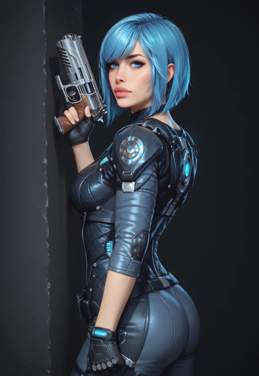 safe_pos, core_9, score_8_up, score_8, semi realistic, ultra detailed, 8k, high quality, hi res, high quality, detailed eyes, perfecteyes, detailed face, 1girl, (1girl:1.2), Nyx from Quake Champions, futuristic assassin outfit, (((pistol in hand))), pale skin, ((glowing bobcut blue hair, side bangs)), realistic, cinematic angle, cinematic lighting, athletic body, intense face, glowing blue eyes, stealthy pose
BREAK
infiltrating a high-tech corporate facility at night
BREAK
source_sci_fi_art, rating_explicit, expressive, half body, side view, dynamic pose
BREAK
detailed beautiful background, futuristic architecture, neon lights, advanced security systems, holographic displays, dark shadows, tense atmosphere
(((full clothed)))