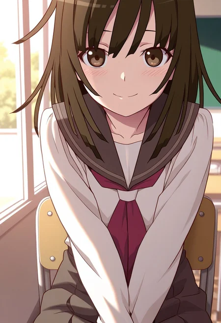 <lora:illustrious_XL_nadeko:0.9>,nadeko,masterpiece,best quality,good quality,1girl,solo,long hair,long bangs,school_uniform,sailor,day,indoor,classroom,v_arms,sitting_on_chair,smile,light_blush,