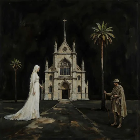 Social Realism realistic photo of intricate illuminated sorceress and soldier approaching a Gothic cathedral in a dark desert, (black-tinted:0.5), very detailed, ethereal white and verdigris and bronze palette. The scene is both serene and ominous. <lora:white1:0.4> <lora:AmeshinART_Dream:0.4> <lora:Midjourney_Whisper_AgateX_v1:0.5> <lora:Eldritch_Paint_Sketch_for_Flux_1.0.5:0.6>