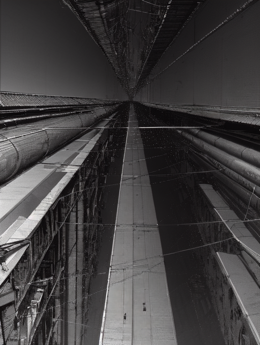 vast scenery, city, cables, tubes, dark, from above, deep horizon, (strong perspective:1.3), (best quality:1.3)  <lora:blame5-000040:1>