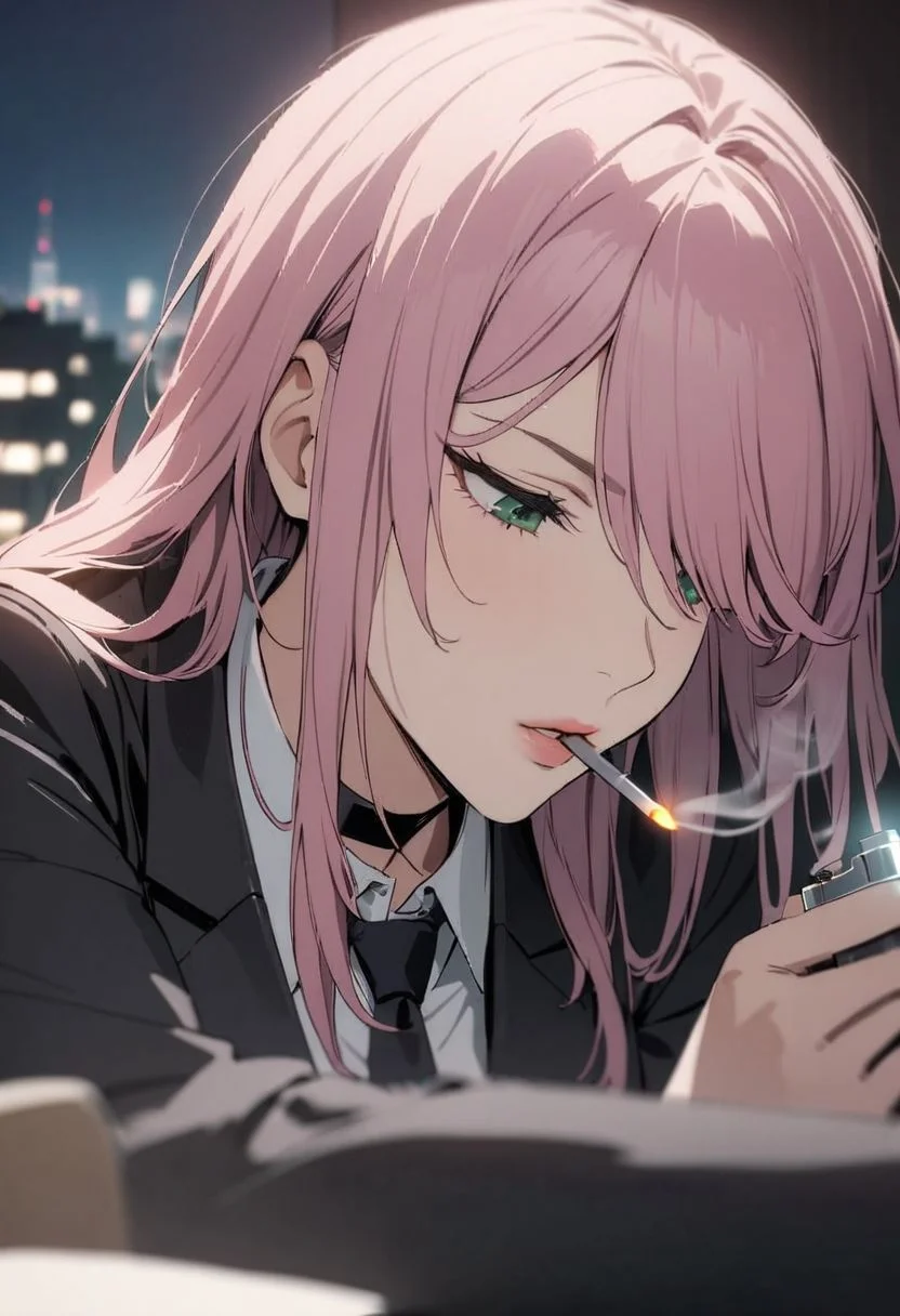 1woman, solo,  long hair, pink hair, black choker, green eyes, one eye covered by hair, lying on side, eyeliner,  gorgeous lips, classic suit, tie, office lady,  looking down, <lora:sm0k1ngXL:0.6> sm0k1ng, smoking, holding lighter, night, face lit by lighter, cinematic, (masterpiece), (best quality), (ultra-detailed), very aesthetic, illustration, perfect composition, intricate details, absurdres