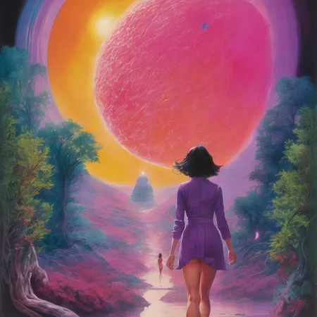 Retro-futuristic greenhouse on a comet hurtling through space, woman walking among exotic alien plants, detailed face, her hair flowing with a carefree, joyful expression, plants with vibrant shades, colorful nebula and space outside,  ethereal hues (pinks, purples, oranges) onto the scene, the cometâs surface visible below, futuristic tech, 1970s sci-fi book cover art, playful and surreal atmosphere, with high-contrast vivid colors and a whimsical cosmic backdrop, spaceship