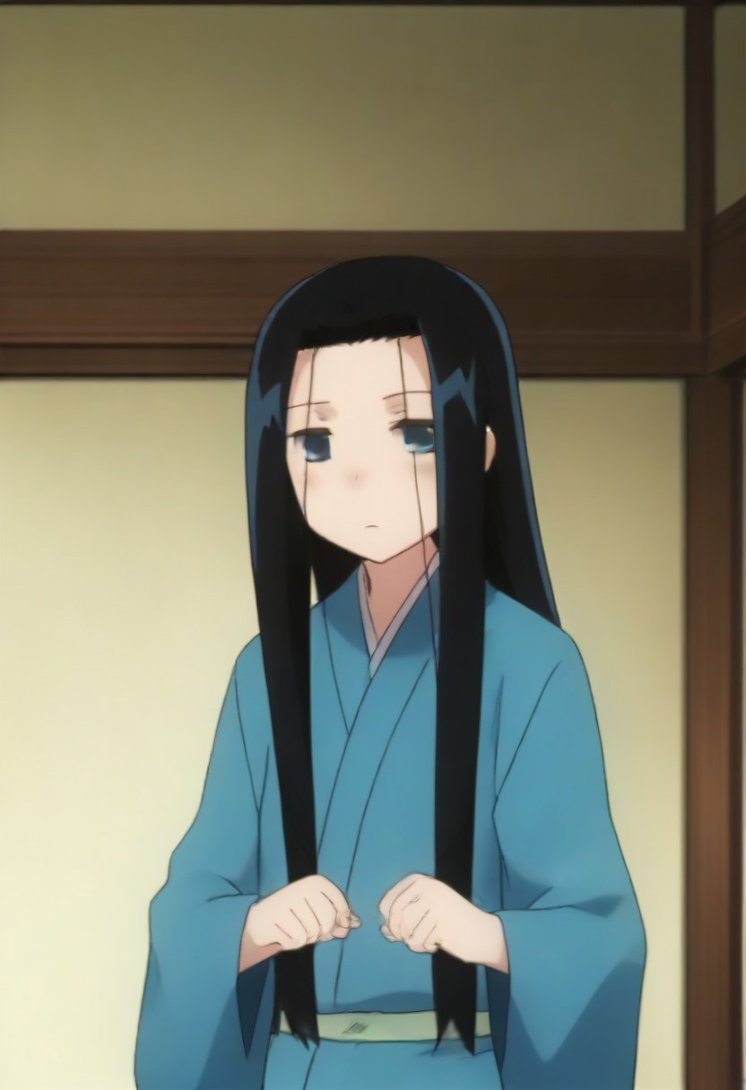 Masterpiece, Top Quality, source_anime, anime screencap, source_anime, auratheguillotine, anime screencap, masterpiece, source_anime, shiny skin,,,,anrakutei, blue_eyes, black_hair, very_long_hair, blue_kimono, long_sleeves, wide_sleeves,