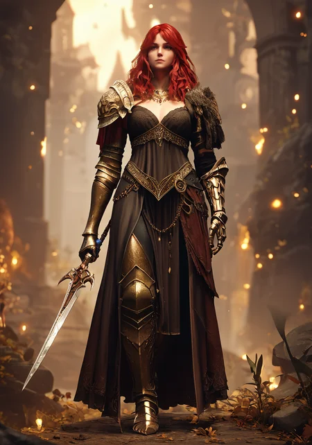 score_9, score_8_up, score_7_up, a woman standing in a dark fantasy setting, best quality, masterpiece, otherworldly, <lora:eldringpxl:0.8>, eldringpxl, armor, full body, gold prosthetic, malenia, red hair,