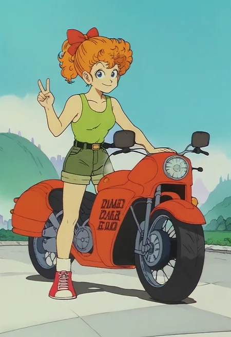 score_9, score_8_up, score_7_up, score_6_up, anime screencap, anime coloring, <lora:DBExtraGirlAkaneK:0.8>, DBExtraGirlAkaneK, orange hair, curly hair, short hair, hair bow, red bow, ponytail, blue eyes,
tank top, green shorts, belt, shoes,
standing, ground vehicle, smile, looking at viewer, v sign, leaning on motorcycle,
BREAK cityscape, sunlight, day, blue sky,